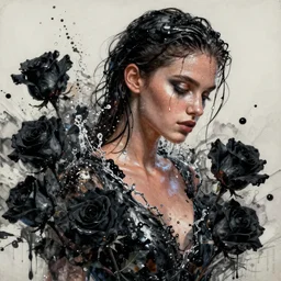 fierce wet fashion model, splash, sweat skin, liquid metal, effervescent, black roses, poster art, high detail, intricate oil painting and splashed watercolor, deep mood, hyperrealism, 3 d, in the style of irakli nadar,