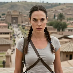 a still from a film of Gal Gadot as Lara Croft in a beautiful ancient peruvian town, mid shot, highly detailed face