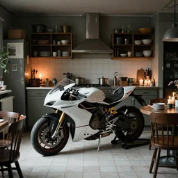 huge ducati panigrale, standing in cluttered cozy kitchen, darkroom, candles, chairs and tables, white tile on the floor, overexposed, by paolo pellegrin, by trent parke, prize winning photo, cinematic