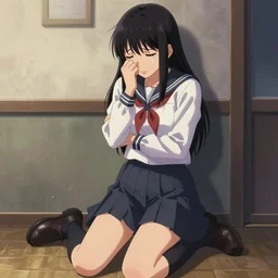 school girl crying, school uniform, seifuku, pleated miniskirt, overknee socks, battle angel alita. by rembrandt 1 6 6 7, illustration, by konstantin razumov