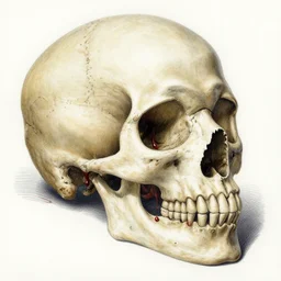 meaty skull, dripping in blood, vintage anatomical illustration, colored pencils and pen