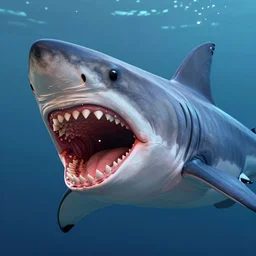 multicolor 3 d render of giant shark from the deep mouth open macro shot by blender guru created at modern world in 4 k ultra high resolution, with depressive feeling