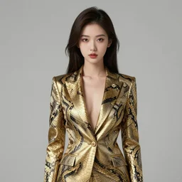 cute beautiful girl in jacket suit with gold snake print over bare skin, elegant, 2d, ultra highly detailed, digital painting, smooth, sharp focus, artstation, pixiv, art by Ilya Kuvshinov