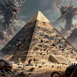 a giant pyramid in an eldritch apocalyptic landscape covered in monstrosities by HR Giger, fantasy art, 4k, HDR, photorealistic, 8k, trending on artstation