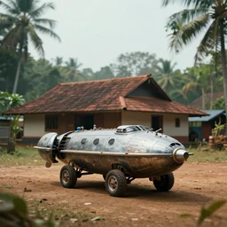 a spaceship parked infront of a house in a kerala village, diffuse light, octane render, 4k, matte painting, cinematic