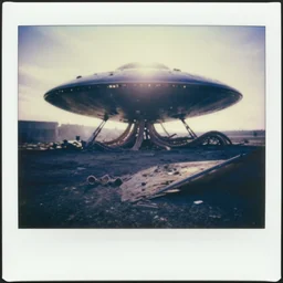 ultra wide angle severals xenobites with tentacles at crashed ufo site backlighting, faded color polaroid, 1 9 1 0 s photography