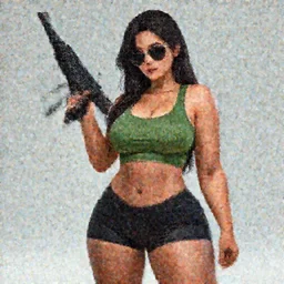 a concept art of a beautiful curvy anime girl with an athletic feminine body holding an m4 assault rifle in a green tank top with black shorts and aviator classic sunglasses, long hair, anatomically correct, tanned body, confident facial expression, studio trigger