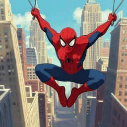 spiderman swing on the new york, marvel illustration, by ghibli
