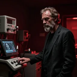 a scene from the movie dead ringers with clean shaven jeremy irons, dark cinematic lighting, heavy black and red palette and color contrast, medical equipment, movie directed by wes craven