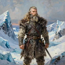 a viking in a ice mountain, highly detailed oil painting, rhads, bruce pennington, studio ghibli, by hildebrandt, by george inness digital