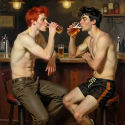 attractive maculine male with red hair and attractive masculine male with black hair. pants and shorts, drinking their hearts out, having fun, in a pub. highly detailed and very defined painting by gaston bussiere, j. c. leyendecker, craig mullins 8 k