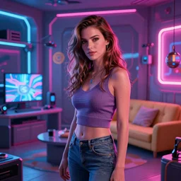 the kate beckinsale dreaming in cyberpunk apartment, render, octane, 4k, highly detailed, vivid colors, high definition, by James Gilleard and Makoto Shinkai