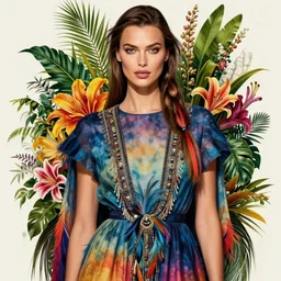 beautiful portrait of Irina Shayk wearing dramatic Hand-dyed cotton dress,embellished beaded feather decorative fringe knots ,colorful pigtail,subtropical flowers and plants,symmetrical face,intricate,elegant,highly detailed,8k,digital painting,trending on pinterest,harper's bazaar,concept art, sharp focus, illustration,golden ratio,by artgerm,Tom Bagshaw,Lawrence Alma-Tadema,greg rutkowski