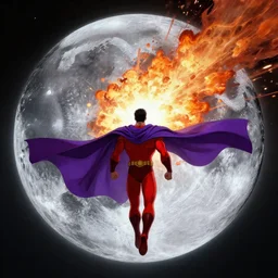 muscular man in red superhero costume with flowing purple cape hovers in the air in the foreground facing away from the camera, in the background a massive metal silver moon has a massive explosion destroying it, cinematic, graphic novel, matte fantasy painting, 4k, DeviantArt Artstation
