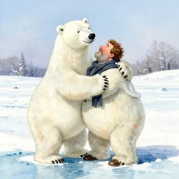 funny caricature of a polar bear hugging a man, tundry, ice, winter, full frame, art by walter crane and kay nielsen and h j ford, victorian, watercolor illustration