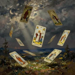 tarot cards floating, oil painting