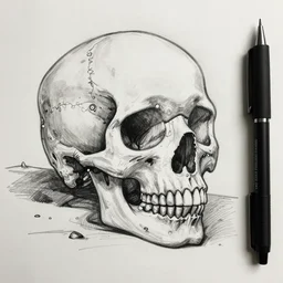 a black pen sketch of a skull in a desert, beginner, pencil, intermediate art, anatomy, paper art, pencil, bold lines, cyberpunk based