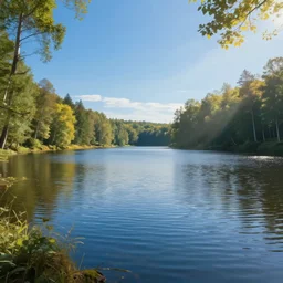 portrait of a vast lake surrounded by woodland, highly detailed, sunny, blue sky, cinematic lighting, highly angle, godrays, volumetric, photorealistic, digital art painting by greg rutkowski