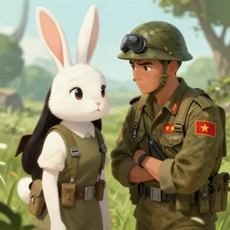 Vietnam war era American soldier meeting a bunny girl, coherent, very detailed, digital art