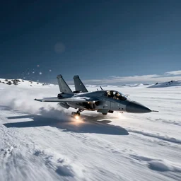 ace combat, armored - core - v running across the open snow field, booster flares, dark blue sky, empty snow field, snow, karst landscape, wide shot ; dynamic contrast, bokeh, motion blur, photoreal, cinematic, digital art by liam wong