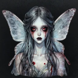 a pretty but sinister and creepy faery in layers of fear decoupage, with haunted eyes, violence in her eyes, bleeding, 1 9 7 0 s, seventies, delicate embellishments, a little blood, woodland, blue dawn light shining on wildflowers, painterly, offset printing technique, by walter popp, alexandre cabanel