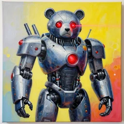 “a giant mechanical bear robot with red laser eyes, oil dotwork on canvas by James Jean, color”