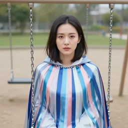 a closeup portrait of a woman wearing a cloak made of ribbons, staring at an empty swing playground, color photograph, by vincent desiderio, canon eos c 3 0 0, ƒ 1. 8, 3 5 mm, 8 k, medium - format print
