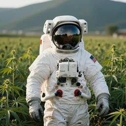 lomo photo of an astronaut staying in the middle of the field of hemp