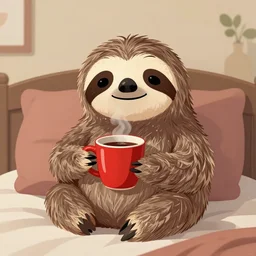 a cozy sloth enjoying his morning coffee in bed with a red cup, digital art