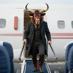 modern day dressed up minotaur onboarding an airplane
