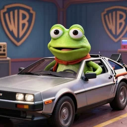 pepe frog looks like doc brown from back to the future film, delorean scene, high quality, hd, 4 k, warner, hbo, cinema frame
