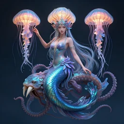 Full body photo of the most beautiful goddess, she has a jellyfish-phoenix head's and a siren body, some tentacles are touching her, she is riding a chrysaora hysoscella by Tooth Wu, trending on Artstation, digital art, symmetrical artwork, cinematic, hyper realism, high detail, octane render, 4k, 8k