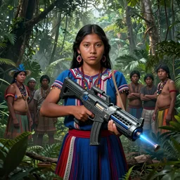 an indigenous ecuadorian huaorani young woman holding a nuclear futuristic weapon in the jungle, poster art by daniele caruso, benediktus budi, jason edmiston, vc johnson, powell peralta, volumetric light, foggy ambience