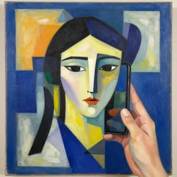 painting on a person on the phone, abstract, collage, geometric abstraction, block colours, painting by Sonia Delaunay