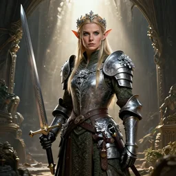 a standing elf in armor with silver rivendell flowers and a curved long sword, a detailed face, an epic masterpiece of cinematic hyperrealism, a realistic poster with shaded lighting from craig mallismo, artgerm, jeremy lipkin and michael garmash, unreal engine, shining light, detailed and intricate surroundings, digital art, art trends station