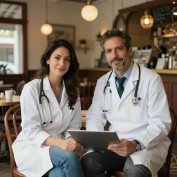 A beautiful aesthetic portrait of an engineer and a doctor sitting in a victorian style cafe in Miami, 8k,