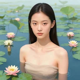 pretty model with water lillies : : by martine johanna and simon stalenhag and chie yoshii and casey weldon and wlop : : ornate, dynamic, particulate, rich colors, intricate, elegant, highly detailed, vogue, harper's bazaar art, fashion magazine, smooth, sharp focus, 8 k, octane render