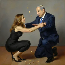 painting of Benjamin Netanyahu shielding himself with his arms as Sara Netanyahu is throwing peanuts at him in a crouched position, by Jan Van Eyck