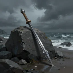fantasy illustration of an isolated iron spear resting against a wet rock on a stormy stony shore, close - up, trending on artstation, digital art ( by brad rigney ) ( by greg rutkowski ) ( by artur treffner )