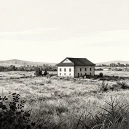 A serene landscape with a singular building in the style of Inktober.