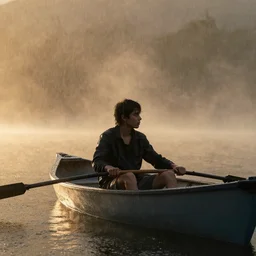 boy in boat, Artstation, Confident, fog, rain, volumetric lighting, beautiful, golden hour, sharp focus, ultra detailed, cgsociety by Leesha Hannigan, Ross Tran, Thierry Doizon, Kai Carpenter, Ignacio Fernández Ríos, noir art house, 4k, 35mm, fujifilm