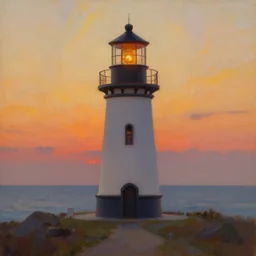 oil painting of a lighthouse at sunset, natural light, concept art, by greg rutkowski, cozy atmospheric and cinematic lighting