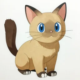 an anime drawing of a tan cat with blue eyes and black feet, by ken sugimori in 1 9 9 8, for pokemon red and blue.