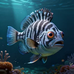 A crazy zebra fish swimming in Alcatraz, stunning digital art, high detail, in the style of artgerm, artstation, cgsociety, dramatic lighting, pixar
