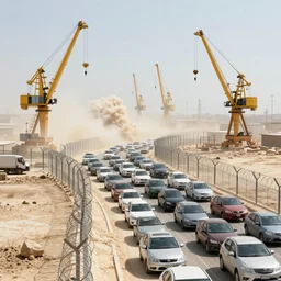 huge queues of cars surrounded by barbwire fences, huge machine cranes ,feedback loop , burst of powders ,volumetric lighting, twisting vapour, bellowing dust , emerging seascape and beautiful sunset , full colour , upscale , 4k