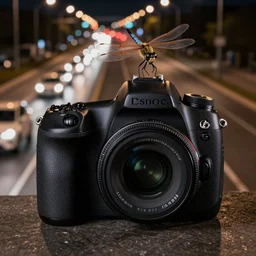 dslr photo freeway photo at night, dragonflies replace the cars, very high quality lights, intricate details, extremely high quality, moody lighting, real camera, real photo, slow - shutter, 8 k, full subject in shot