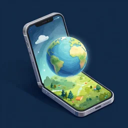illustration of a mobile phone with a planet and landscape inside the screen going out of it, in 4 d, detailed and intricate forty five degree isometric, cross by victo ngai and studio muti