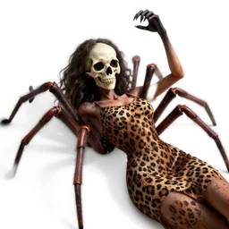 Skull that look too much like skull!, crypt lurker!!, grasp of darkness!!!, 8k CG character rendering of a spider-like hunting female on its back, fangs extended, wearing a leopard-patterned dress, set against a white background, with textured hair and skin.