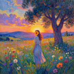 girl with a flower face, surreal, dream, standing in flower field, hills, big trees, sunrise dramatic light, impressionist painting, colorful clouds, digital painting, pointillism, artstation, simon stalenhag
