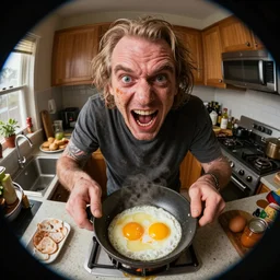 Filthy Frank making eggs while screaming at the camera in his kitchen, fisheye lens, above angle, 8k resolution, realistic, hyperrealistic, detailed, very detailed, HD quality, digital art, trending on artstation